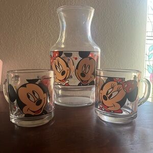 Clear Glass Carafe and Mug Set with Disney Character Design - Red Accents